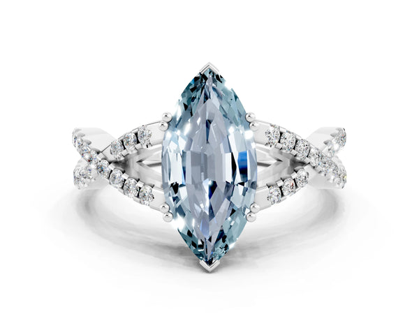 Platinum Marquise Cut Aquamarine Solitaire Ring with Four-Prong Setting and Twisted Pavé Band