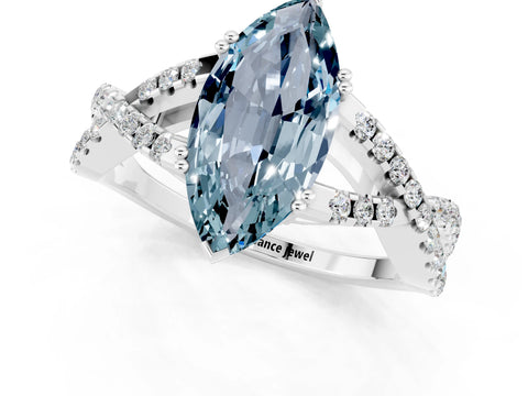 White gold Marquise Cut Aquamarine Solitaire Ring with Four-Prong Setting and Twisted Pavé Band_1