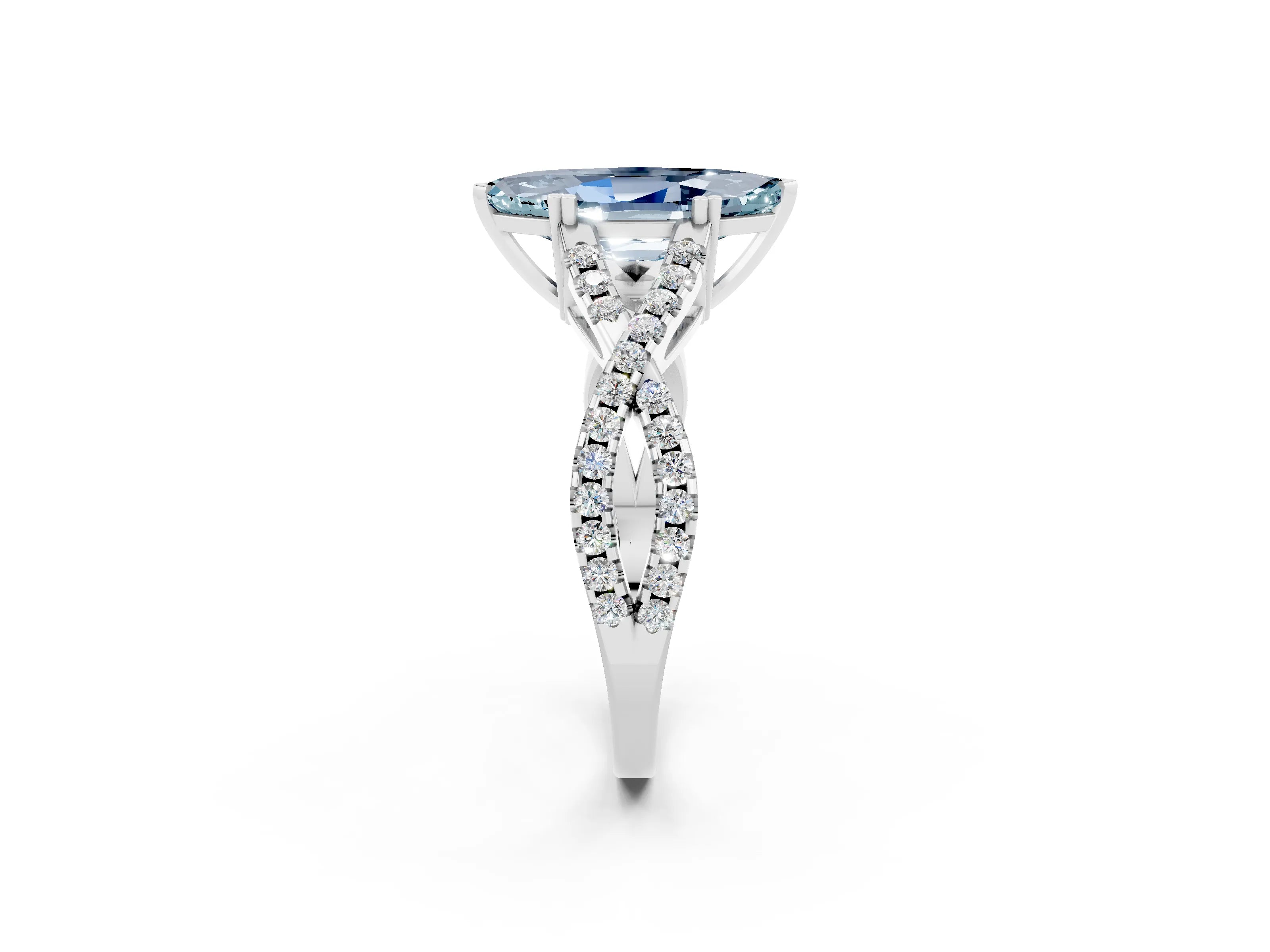 White gold Marquise Cut Aquamarine Solitaire Ring with Four-Prong Setting and Twisted Pavé Band_2