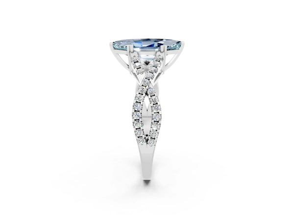 Platinum Marquise Cut Aquamarine Solitaire Ring with Four-Prong Setting and Twisted Pavé Band