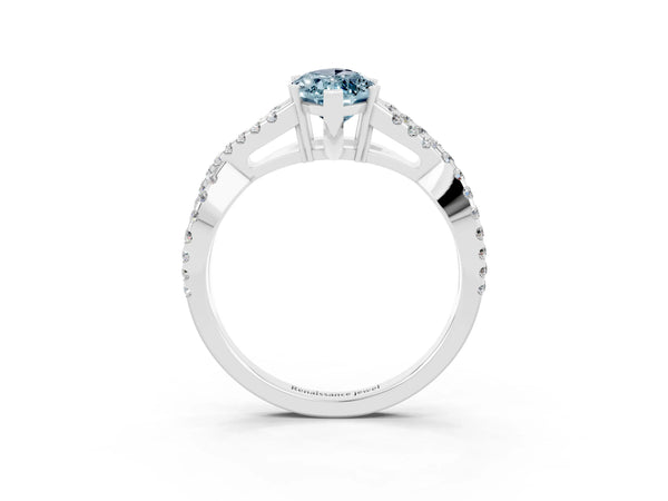 Platinum Marquise Cut Aquamarine Solitaire Ring with Four-Prong Setting and Twisted Pavé Band