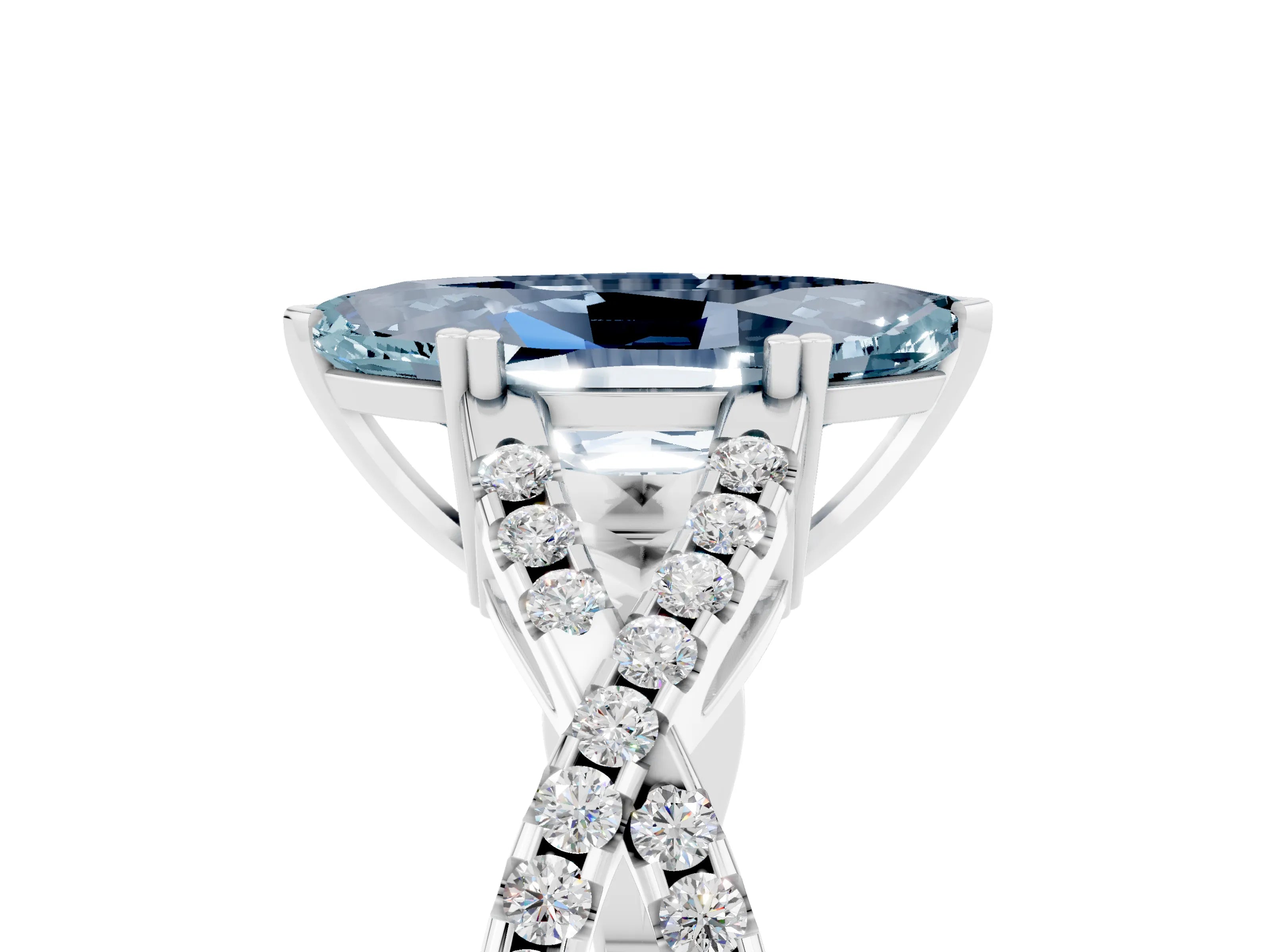 White gold Marquise Cut Aquamarine Solitaire Ring with Four-Prong Setting and Twisted Pavé Band_5