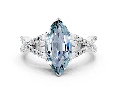 White gold Marquise Cut Aquamarine Solitaire Ring with Four-Prong Setting and Twisted Pavé Band