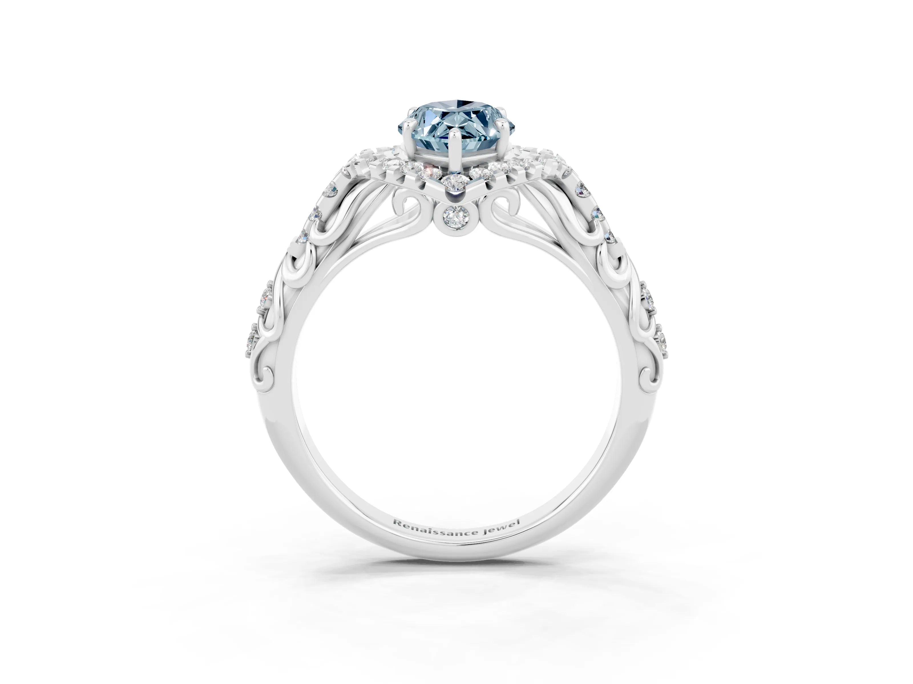 White gold Marquise Cut Aquamarine Solitaire Ring with Hidden Halo and Pavé Band_15