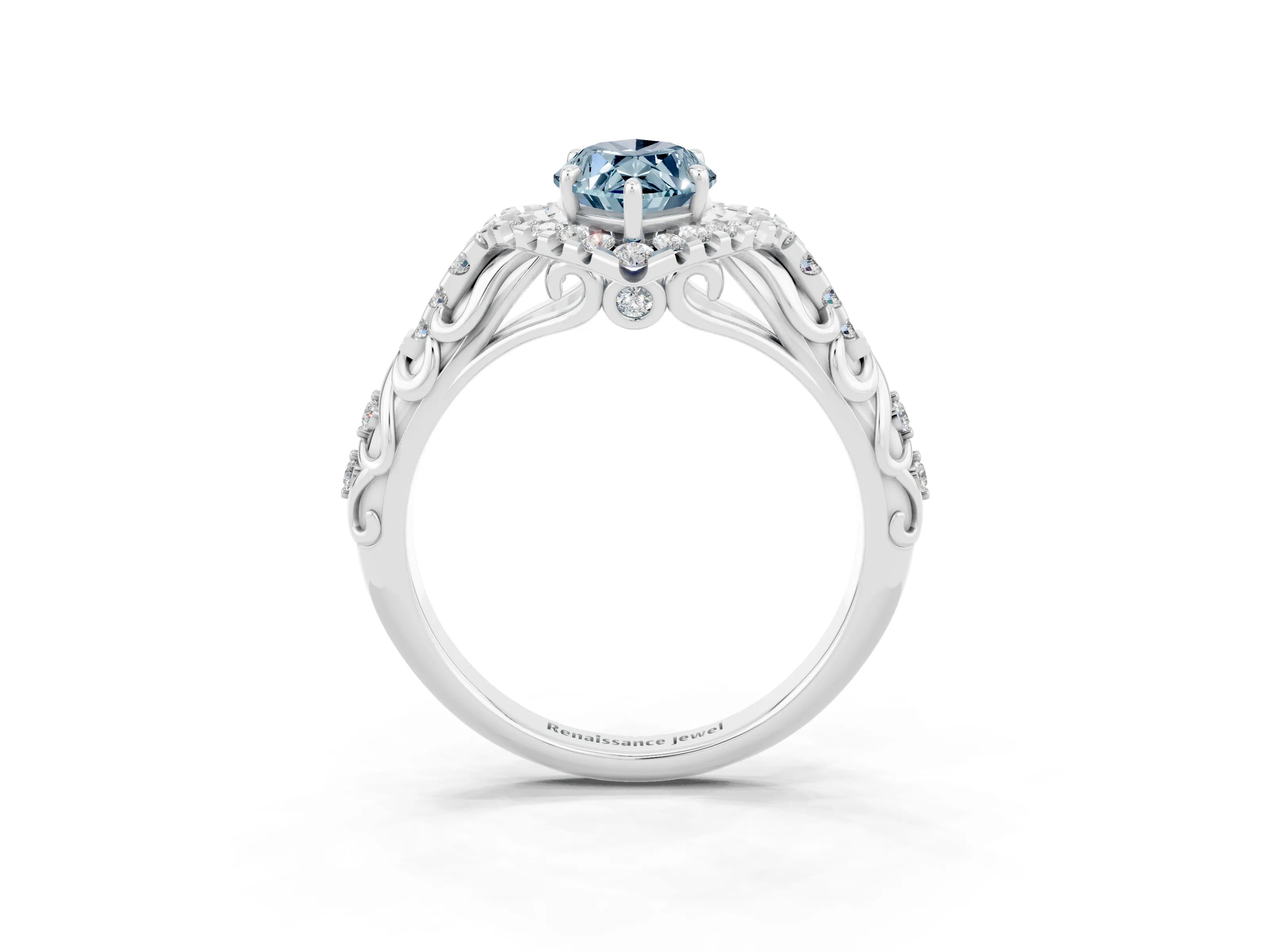 White gold Marquise Cut Aquamarine Solitaire Ring with Hidden Halo and Pavé Band_15