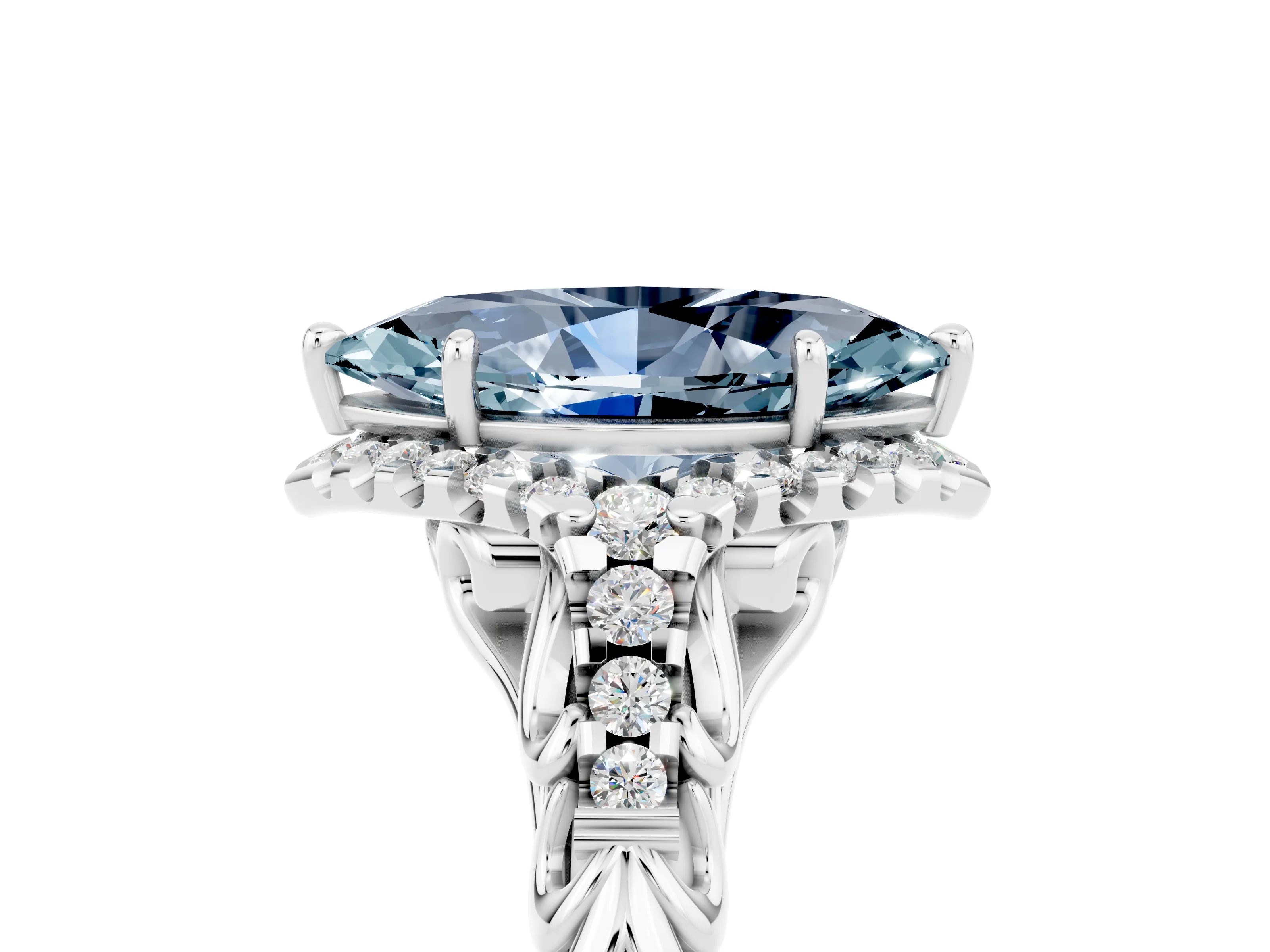 White gold Marquise Cut Aquamarine Solitaire Ring with Hidden Halo and Pavé Band_17