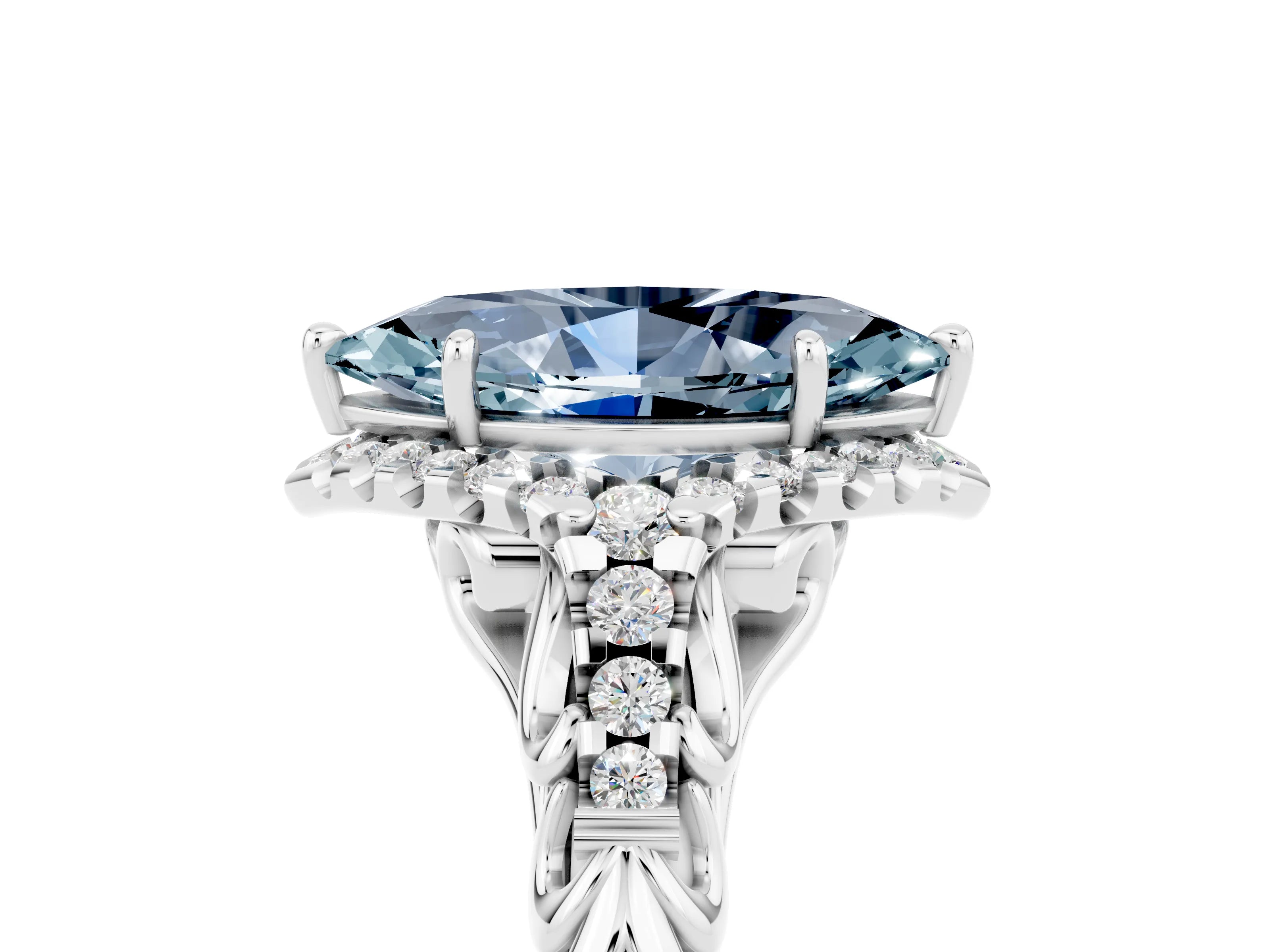 White gold Marquise Cut Aquamarine Solitaire Ring with Hidden Halo and Pavé Band_17