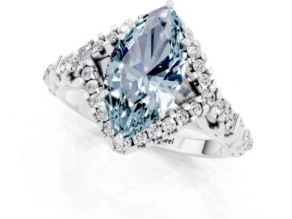 Platinum Marquise Cut Aquamarine Solitaire Ring with Hidden Halo and Pavé Band