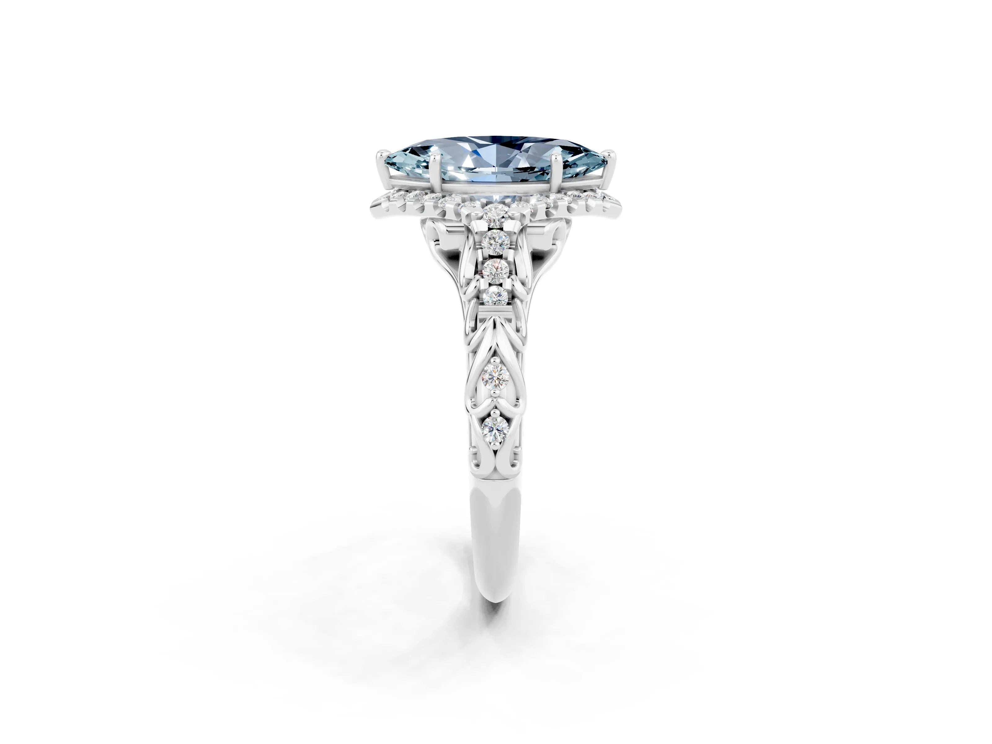 White gold Marquise Cut Aquamarine Solitaire Ring with Hidden Halo and Pavé Band_20