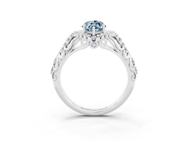 Silver Marquise Cut Aquamarine Solitaire Ring with Hidden Halo and Pavé Band