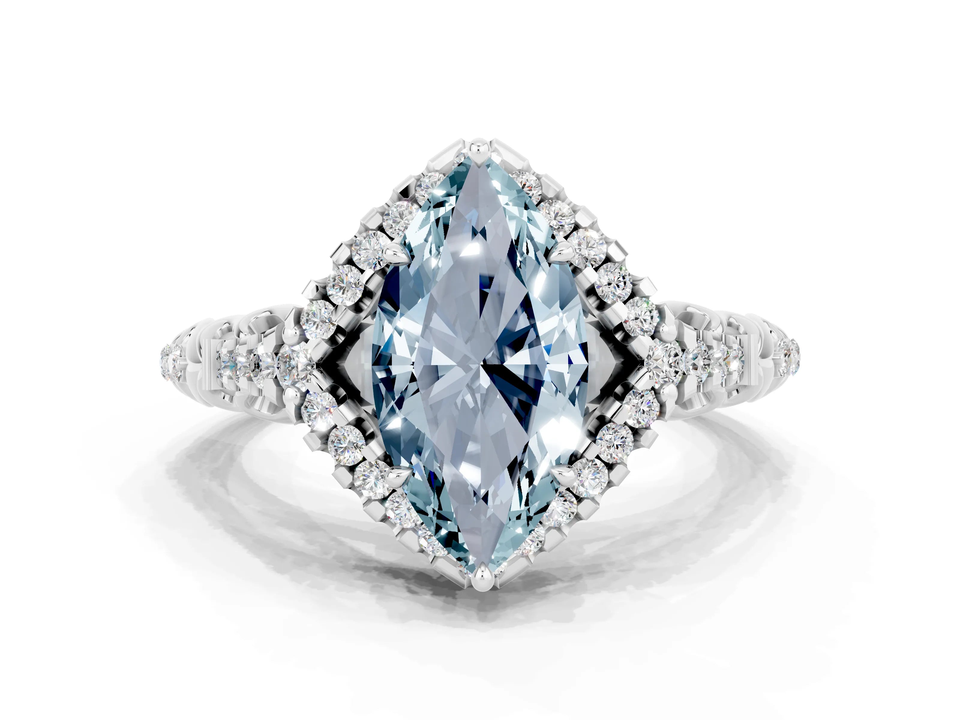 White gold Marquise Cut Aquamarine Solitaire Ring with Hidden Halo and Pavé Band_24