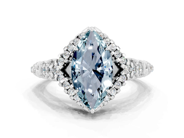 White gold Marquise Cut Aquamarine Solitaire Ring with Hidden Halo and Pavé Band