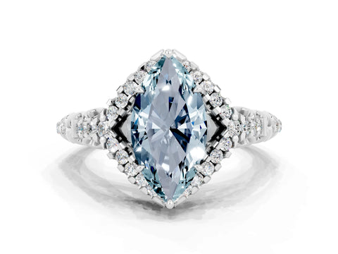 White gold Marquise Cut Aquamarine Solitaire Ring with Hidden Halo and Pavé Band_24