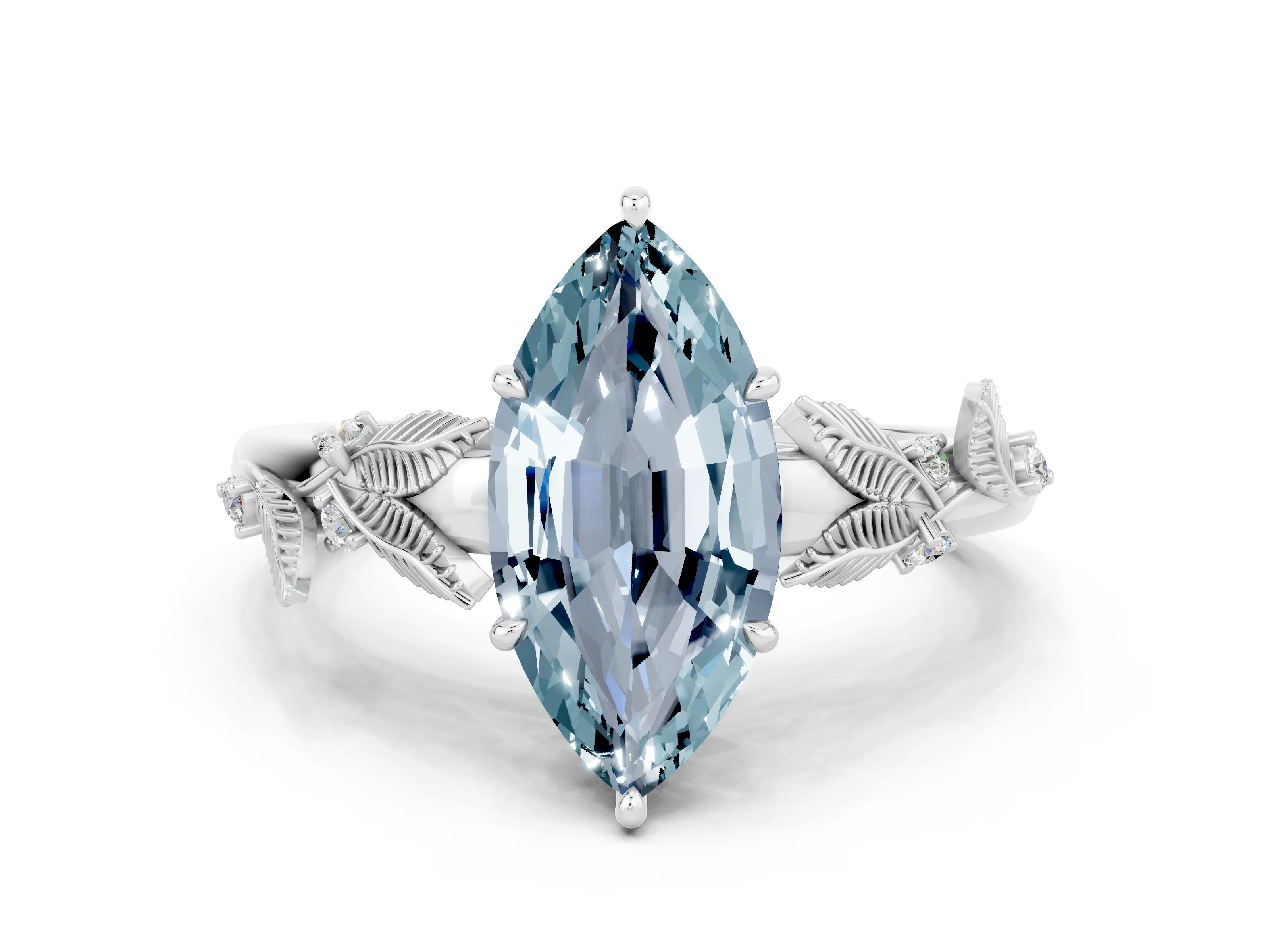 White gold Marquise Cut Aquamarine Solitaire Ring with Leaf Motif Band and Four-Prong Setting