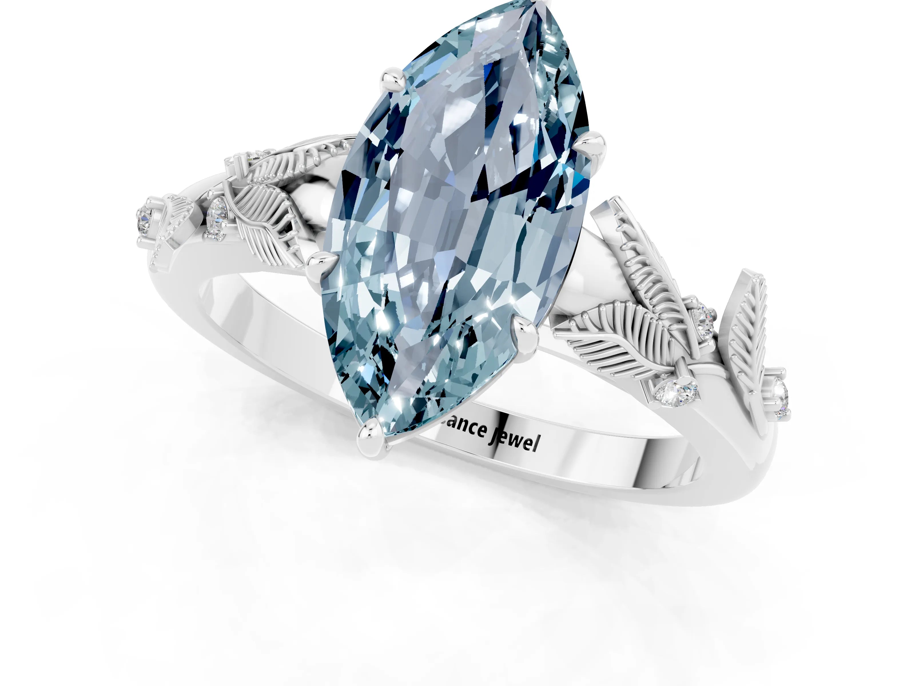 White gold Marquise Cut Aquamarine Solitaire Ring with Leaf Motif Band and Four-Prong Setting_13