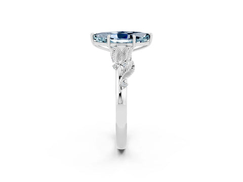 White gold Marquise Cut Aquamarine Solitaire Ring with Leaf Motif Band and Four-Prong Setting_14