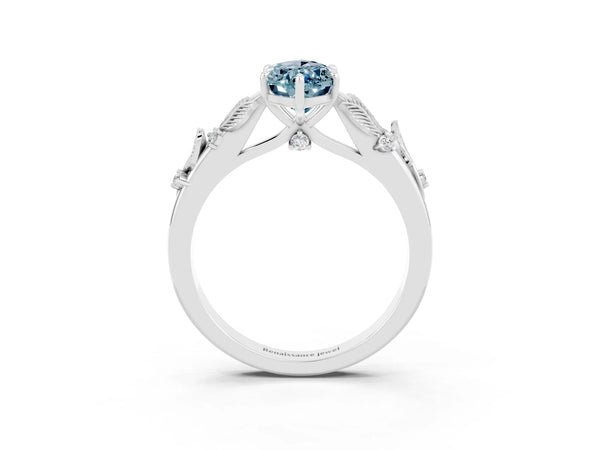 Platinum Marquise Cut Aquamarine Solitaire Ring with Leaf Motif Band and Four-Prong Setting