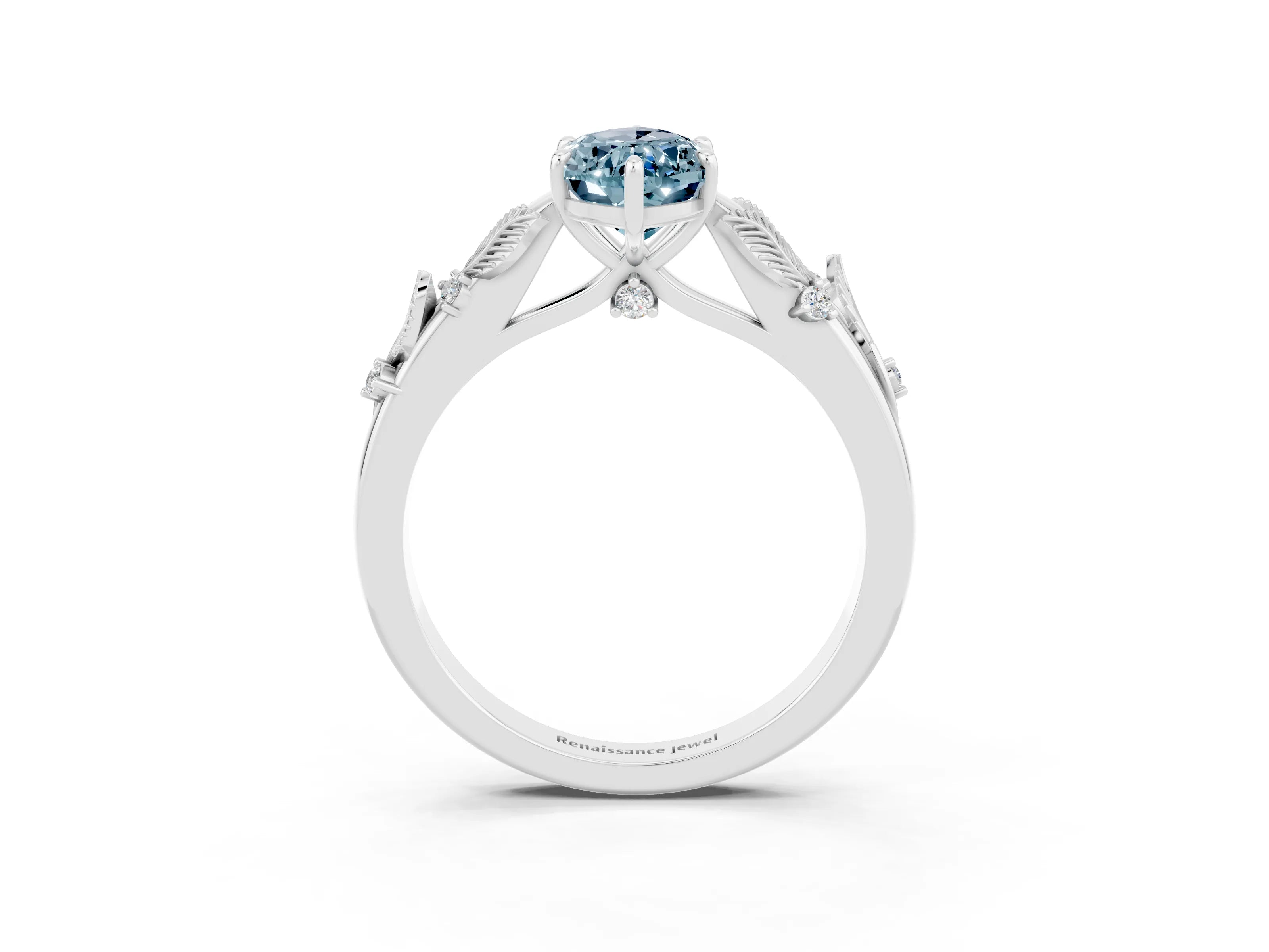 White gold Marquise Cut Aquamarine Solitaire Ring with Leaf Motif Band and Four-Prong Setting_3