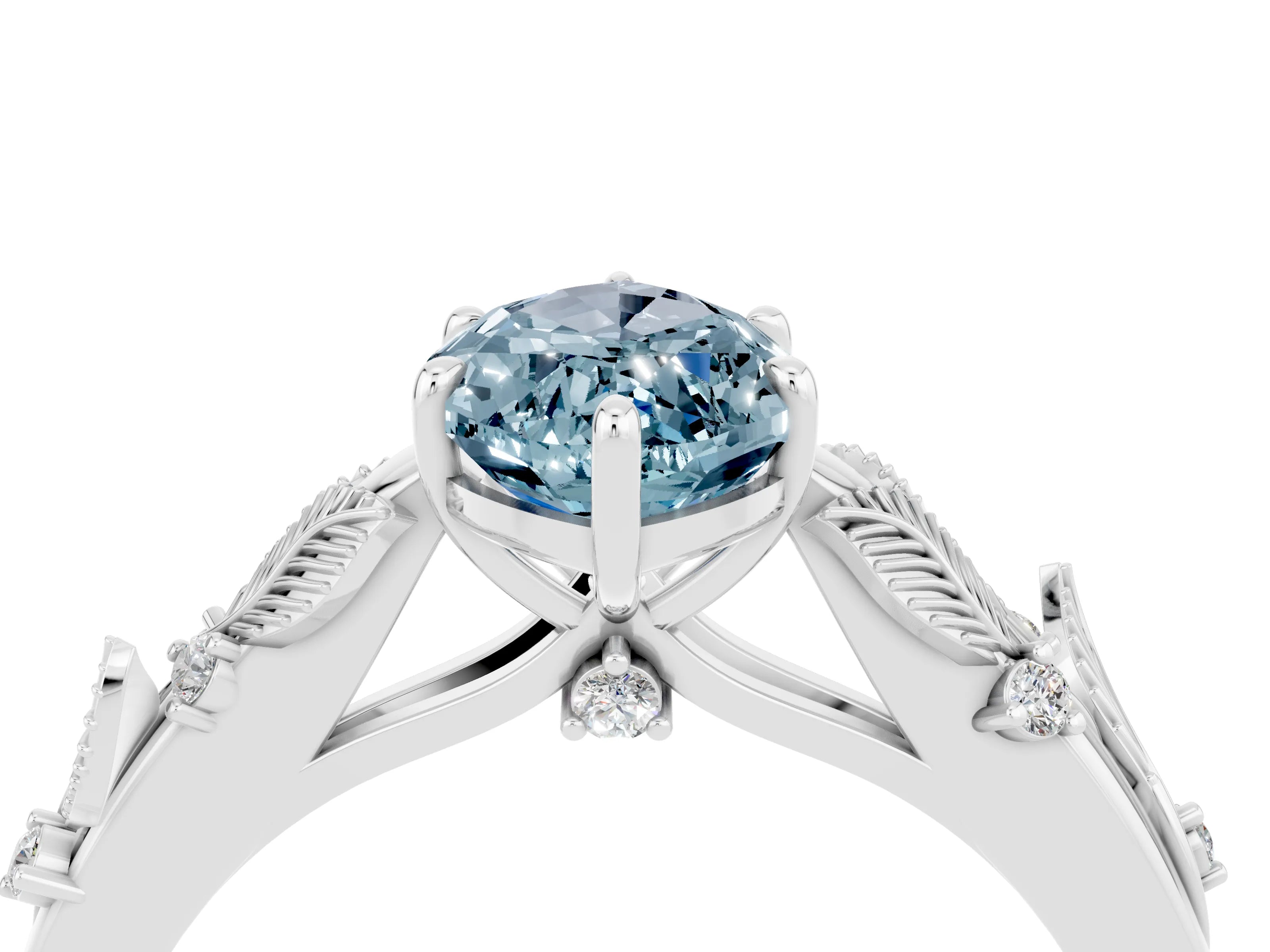 White gold Marquise Cut Aquamarine Solitaire Ring with Leaf Motif Band and Four-Prong Setting_4