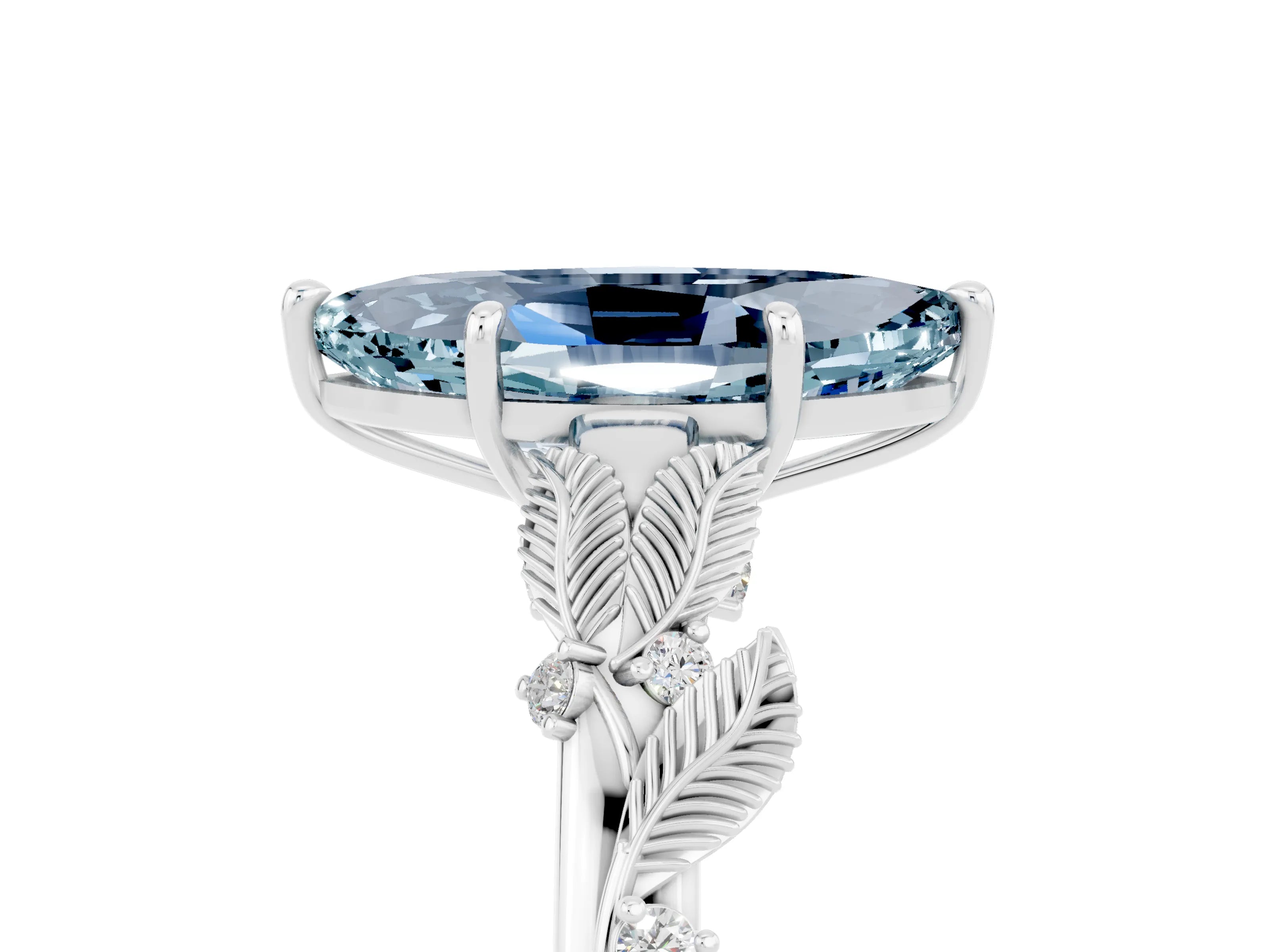 White gold Marquise Cut Aquamarine Solitaire Ring with Leaf Motif Band and Four-Prong Setting_5