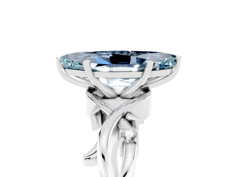 White gold Marquise Cut Aquamarine Solitaire Ring with Milgrain Pavé Band and Four-Prong Setting_17