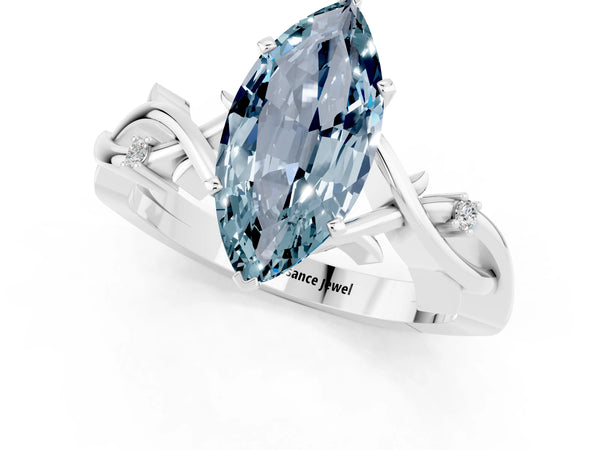 White gold Marquise Cut Aquamarine Solitaire Ring with Milgrain Pavé Band and Four-Prong Setting