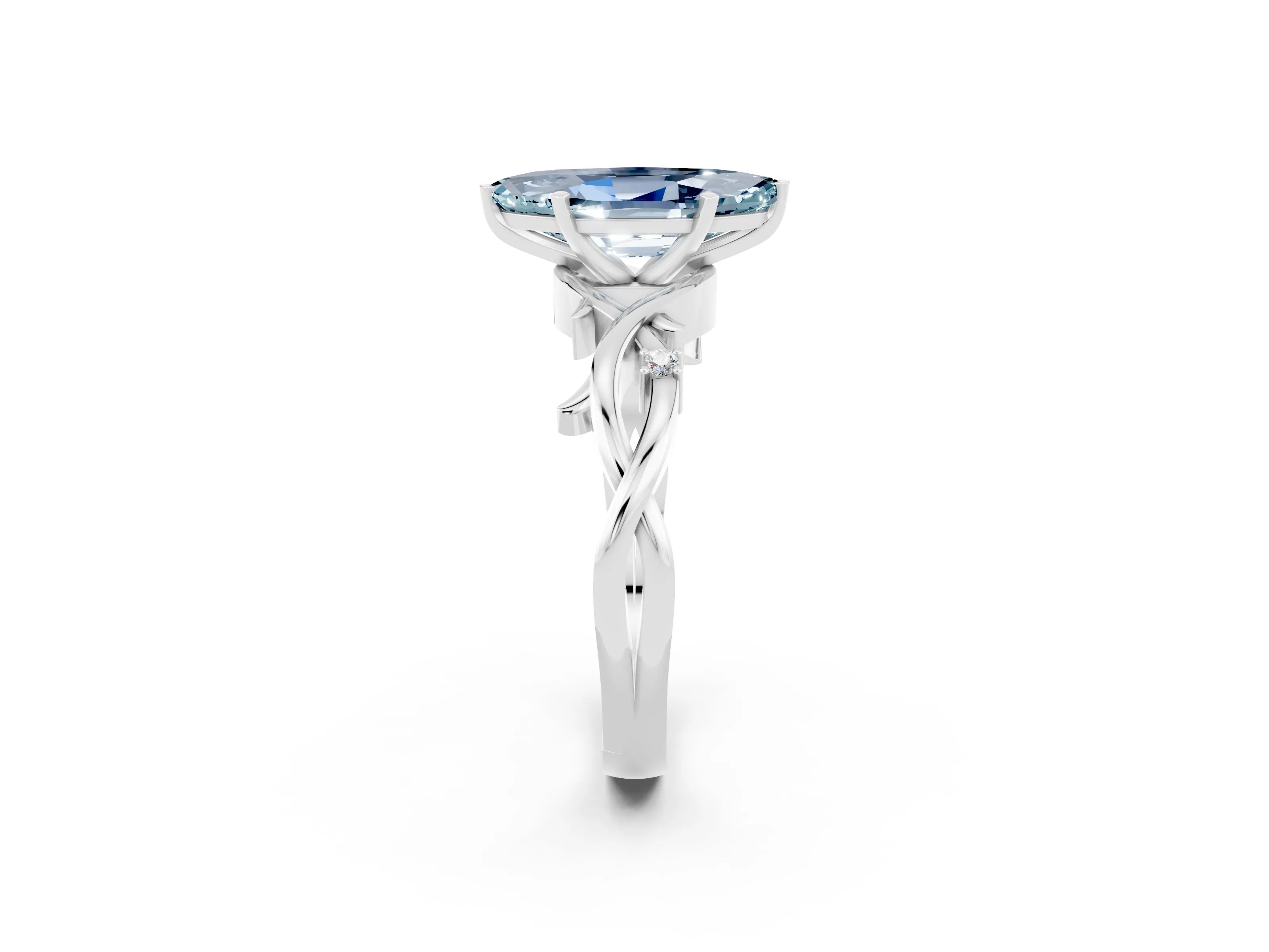 White gold Marquise Cut Aquamarine Solitaire Ring with Milgrain Pavé Band and Four-Prong Setting_38