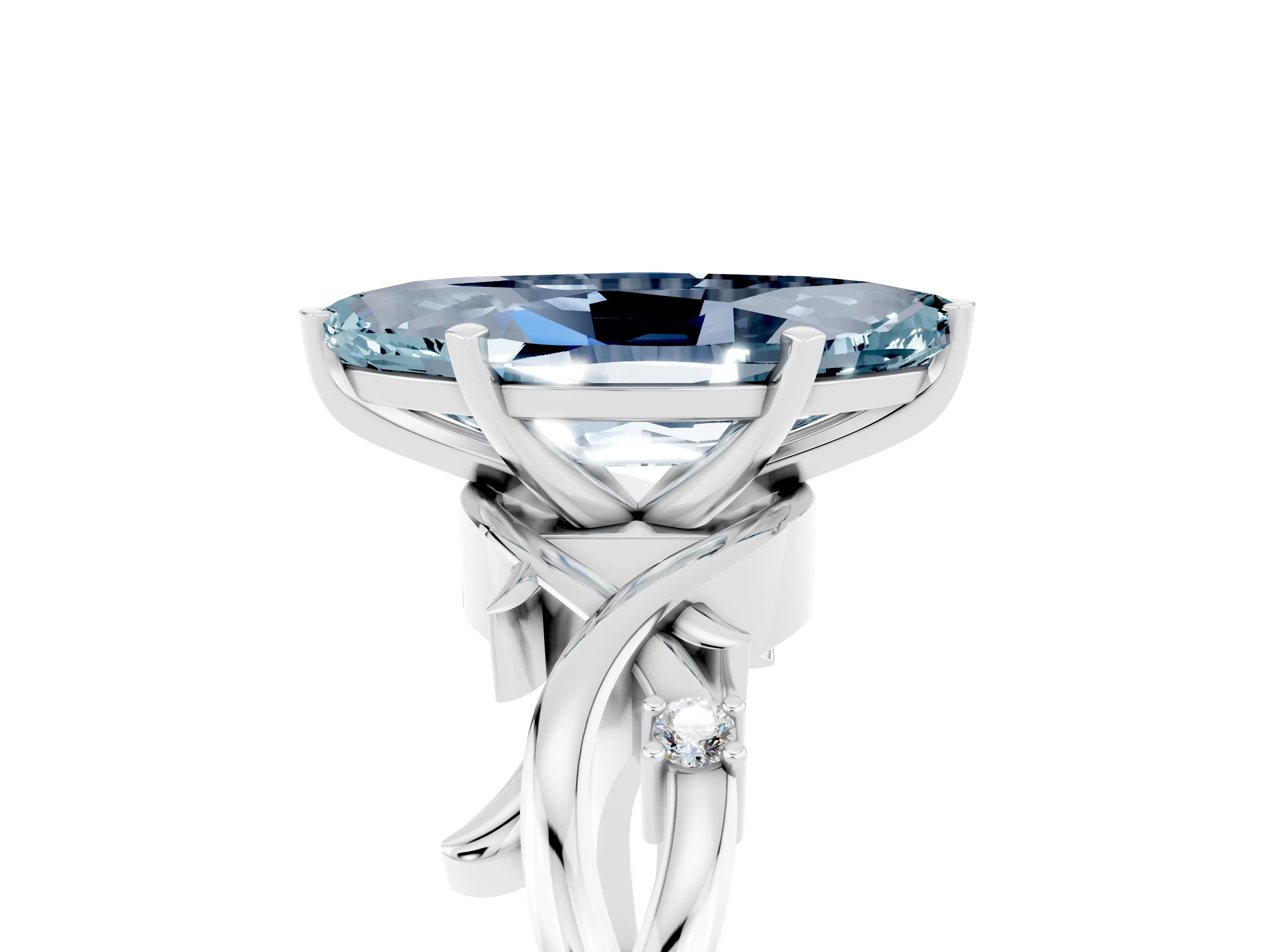 White gold Marquise Cut Aquamarine Solitaire Ring with Milgrain Pavé Band and Four-Prong Setting_41