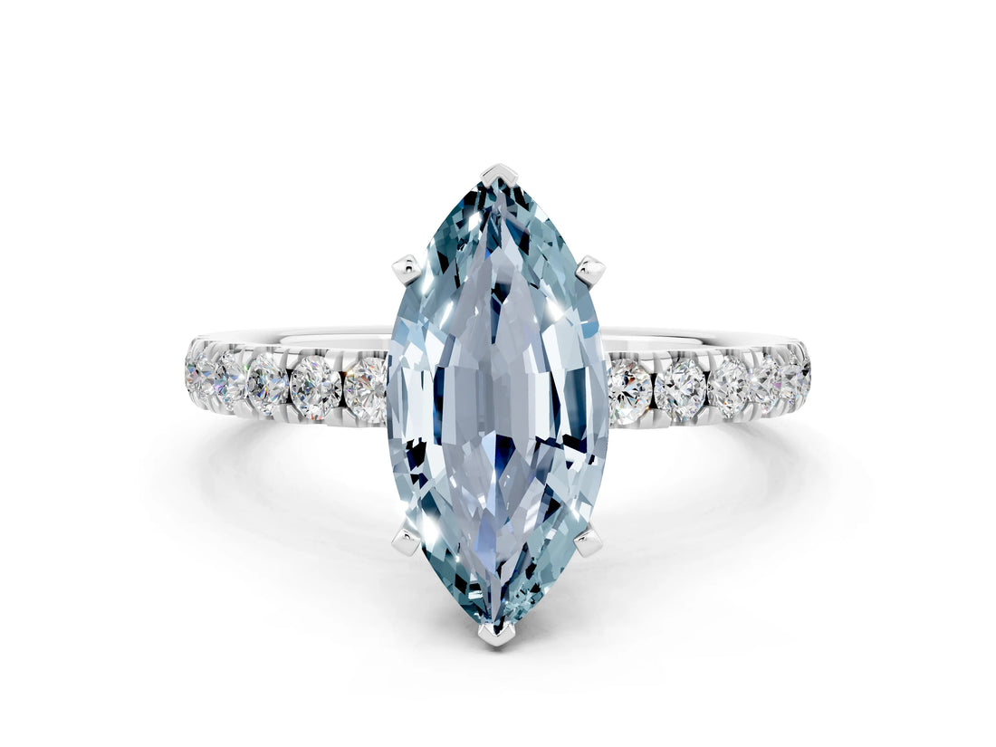 White gold Marquise Cut Aquamarine Solitaire Ring with Pavé Accents and Four-Prong Setting