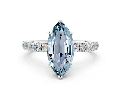 White gold Marquise Cut Aquamarine Solitaire Ring with Pavé Accents and Four-Prong Setting