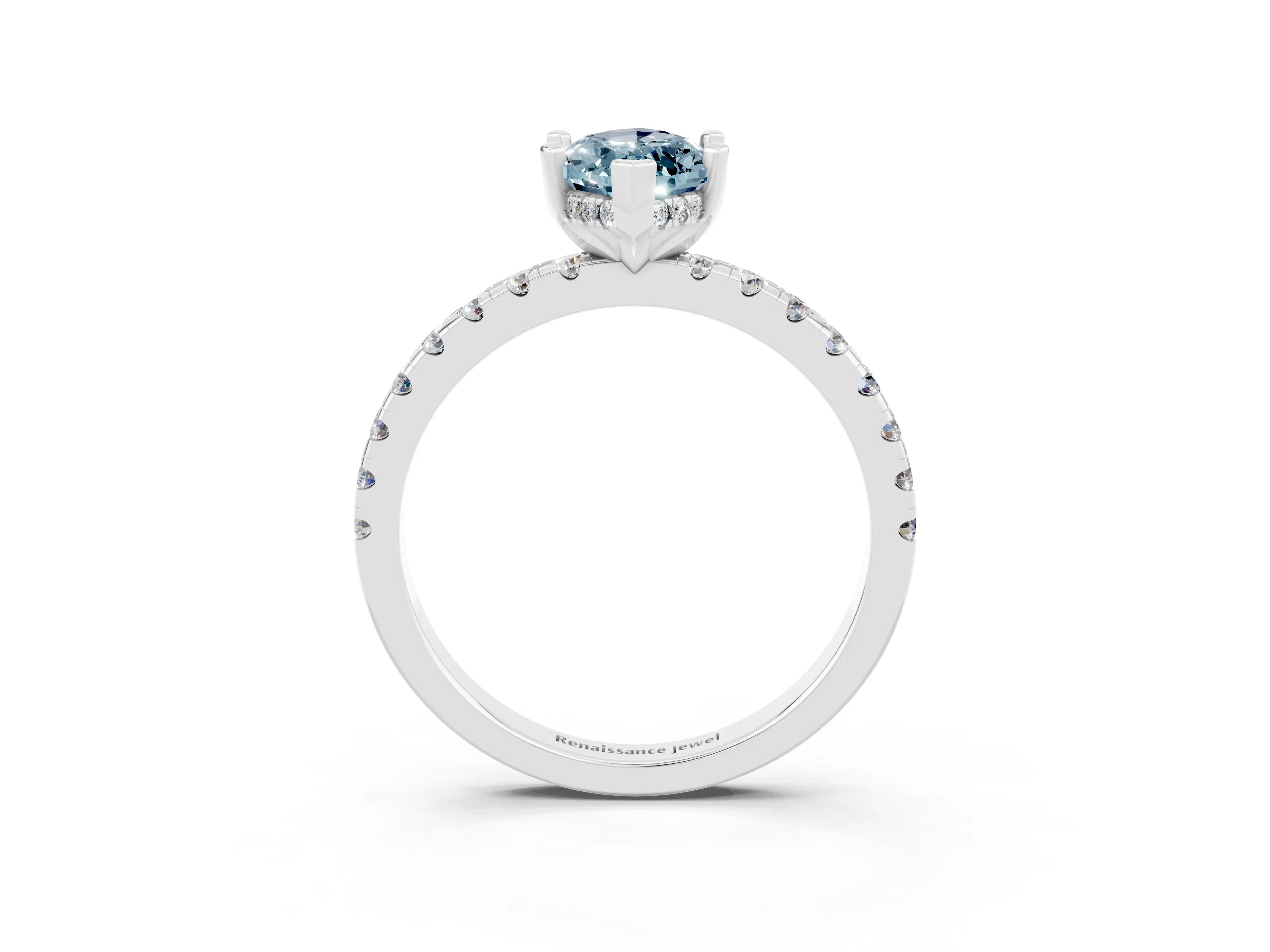 White gold Marquise Cut Aquamarine Solitaire Ring with Pavé Band and Four-Prong Setting_15