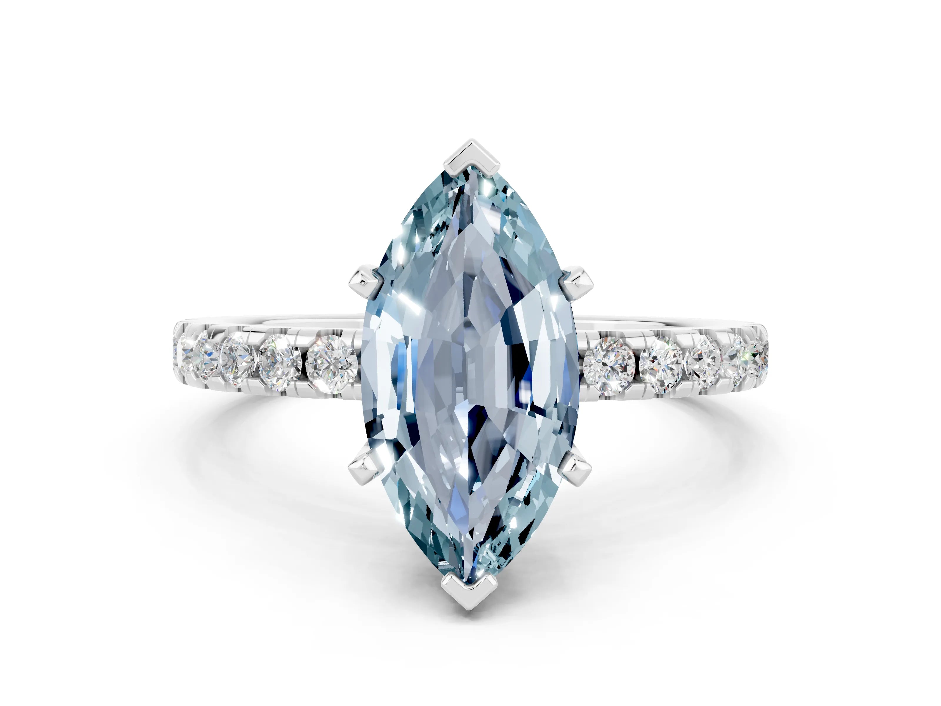 White gold Marquise Cut Aquamarine Solitaire Ring with Pavé Band and Four-Prong Setting_24