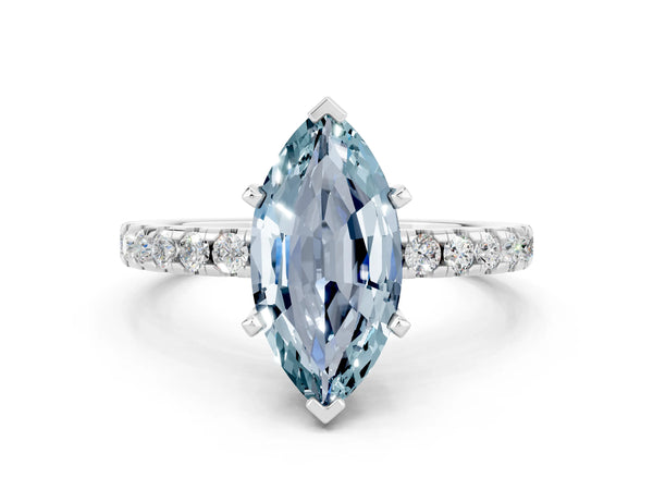 Silver Marquise Cut Aquamarine Solitaire Ring with Round  Pavé Band and Four-Prong Setting