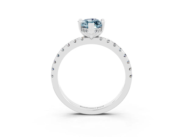 Silver Marquise Cut Aquamarine Solitaire Ring with Round  Pavé Band and Four-Prong Setting