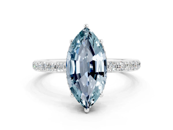 Platinum Marquise Cut Aquamarine Solitaire Ring with Pavé Band and Hidden Halo