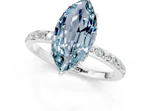 White gold Marquise Cut Aquamarine Solitaire Ring with Pavé Band and Hidden Halo_1