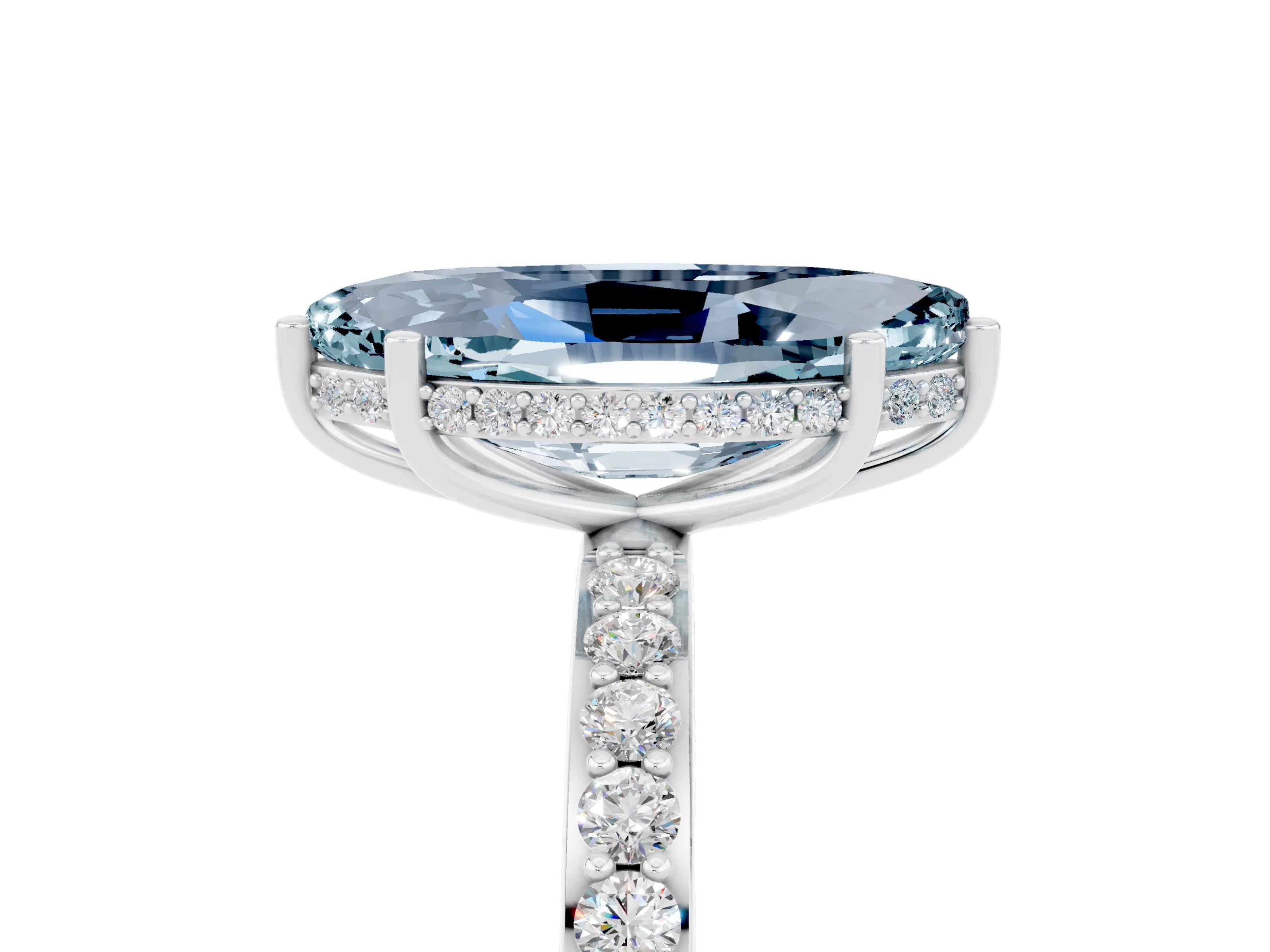White gold Marquise Cut Aquamarine Solitaire Ring with Pavé Band and Hidden Halo_5