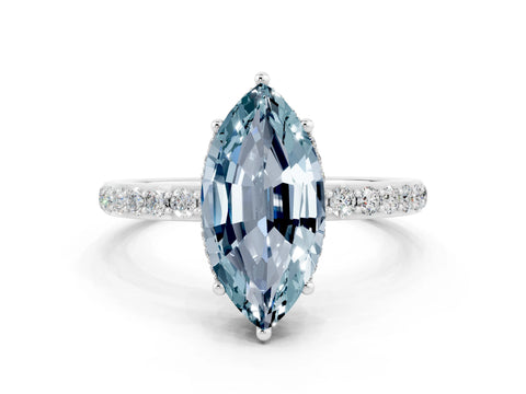 White gold Marquise Cut Aquamarine Solitaire Ring with Pavé Band and Hidden Halo