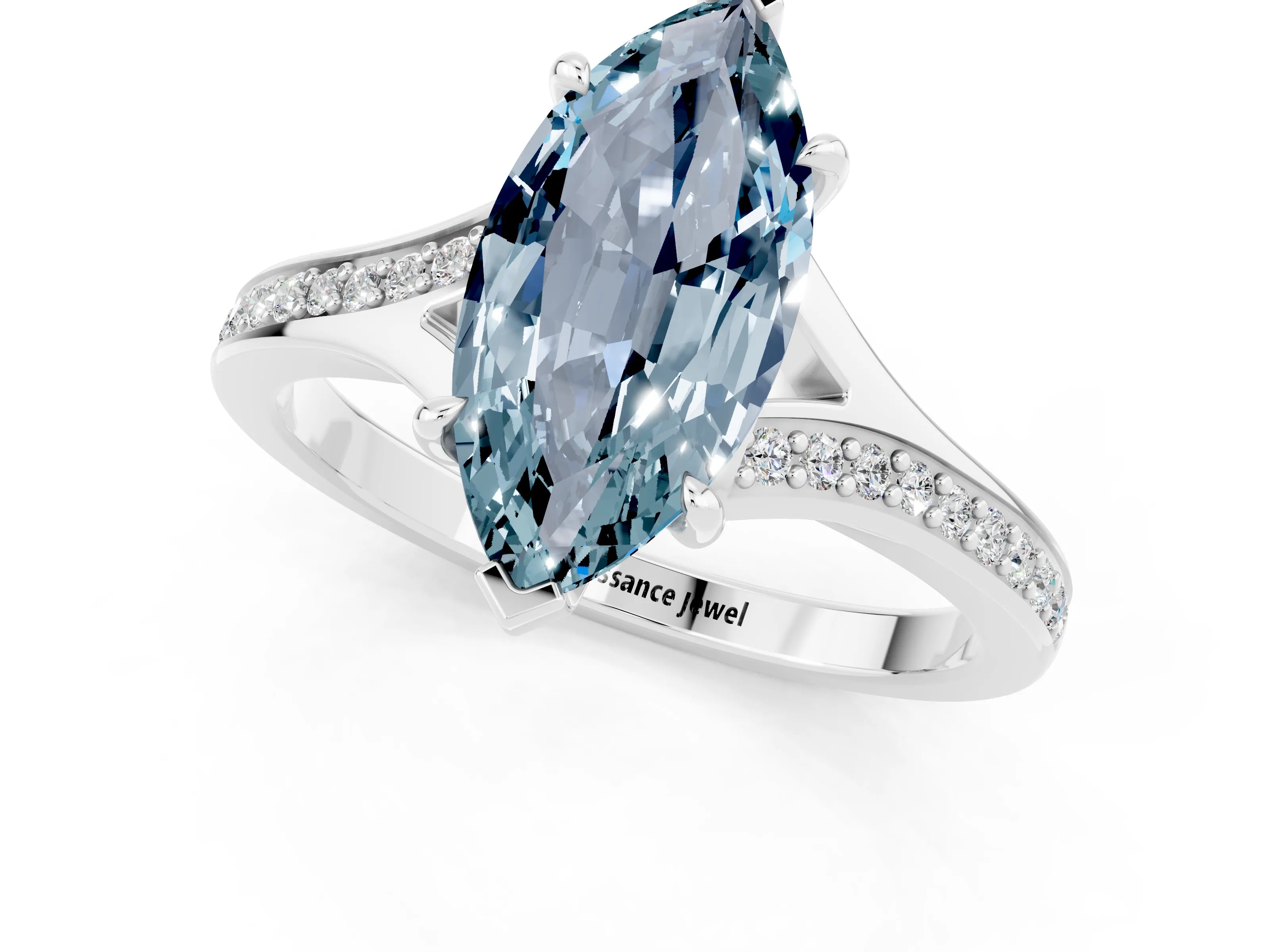 White gold Marquise Cut Aquamarine Solitaire Ring with Pavé Band and Prong Setting_13
