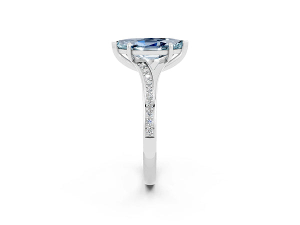 White gold Marquise Cut Aquamarine Solitaire Ring with Pavé Band and Prong Setting