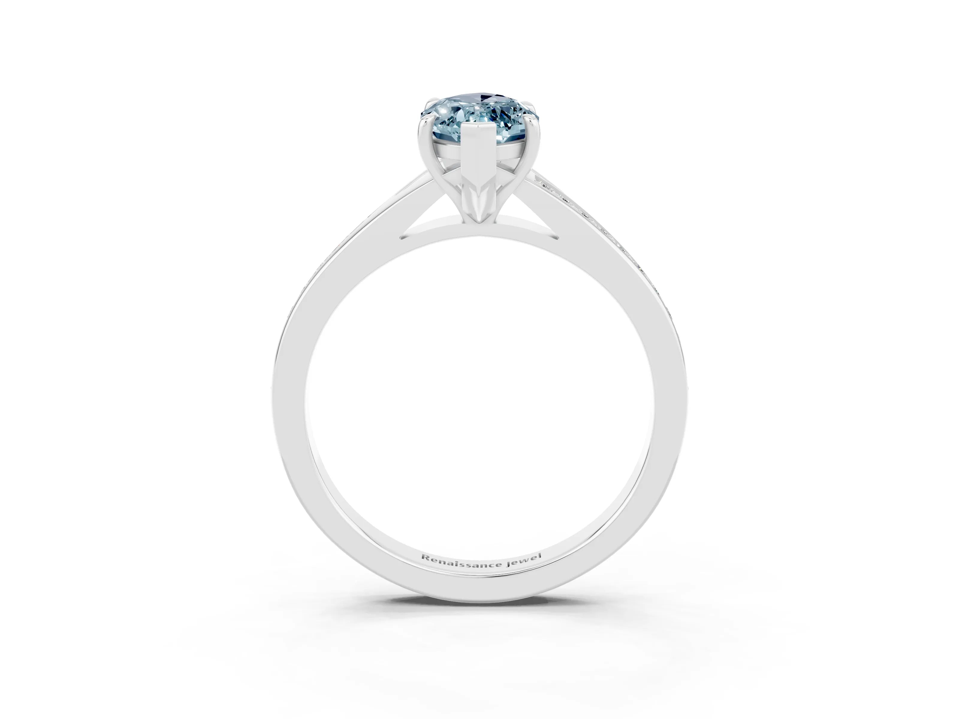 White gold Marquise Cut Aquamarine Solitaire Ring with Pavé Band and Prong Setting_15