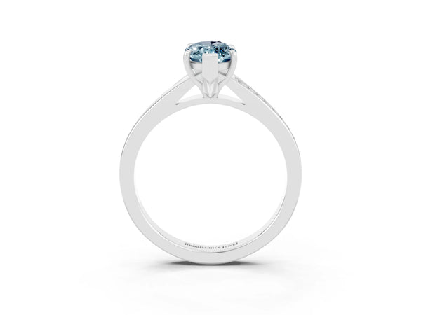 White gold Marquise Cut Aquamarine Solitaire Ring with Pavé Band and Prong Setting