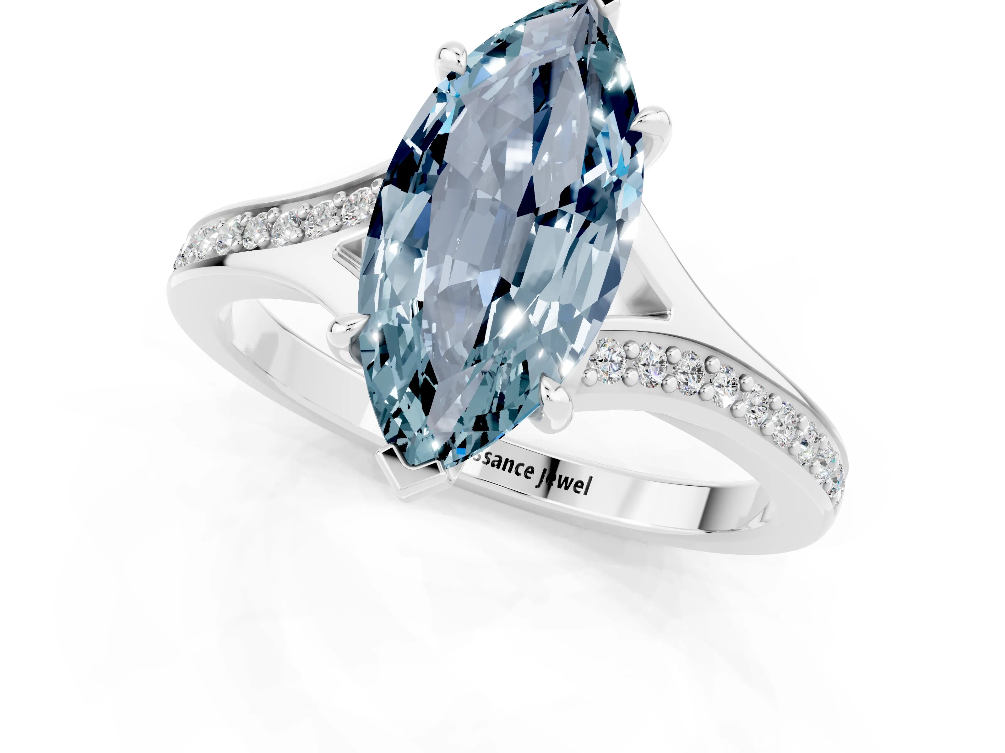 White gold Marquise Cut Aquamarine Solitaire Ring with Pavé Band and Prong Setting_1