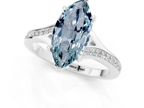 White gold Marquise Cut Aquamarine Solitaire Ring with Pavé Band and Prong Setting_1