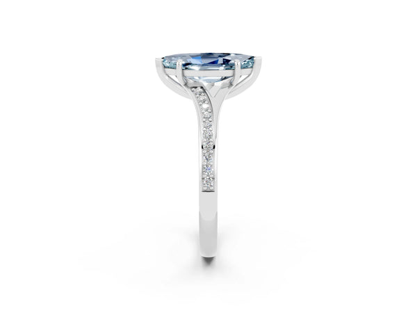 Platinum Marquise Cut Aquamarine Solitaire Ring with Pavé Band and Prong Setting
