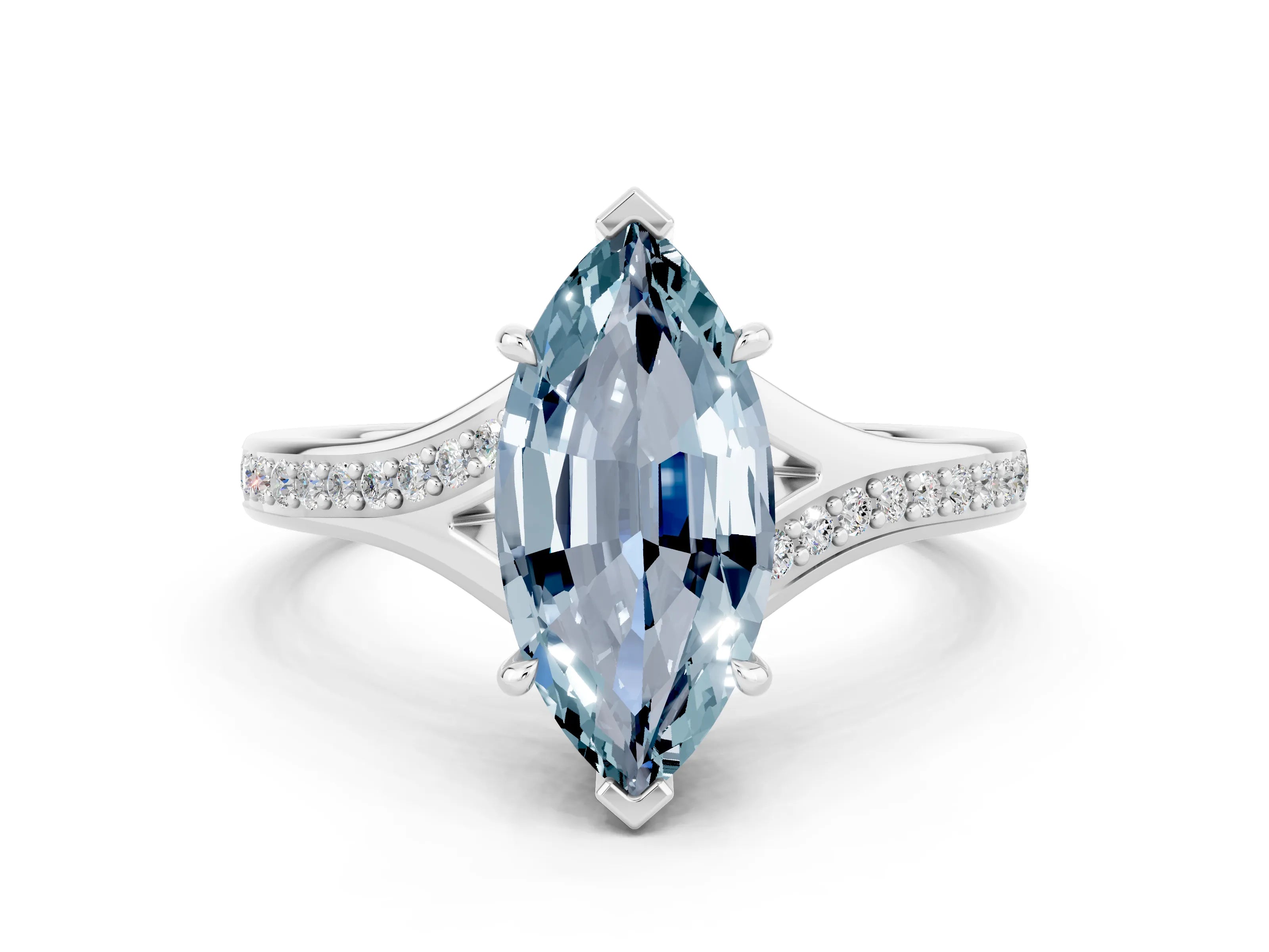 White gold Marquise Cut Aquamarine Solitaire Ring with Pavé Band and Prong Setting