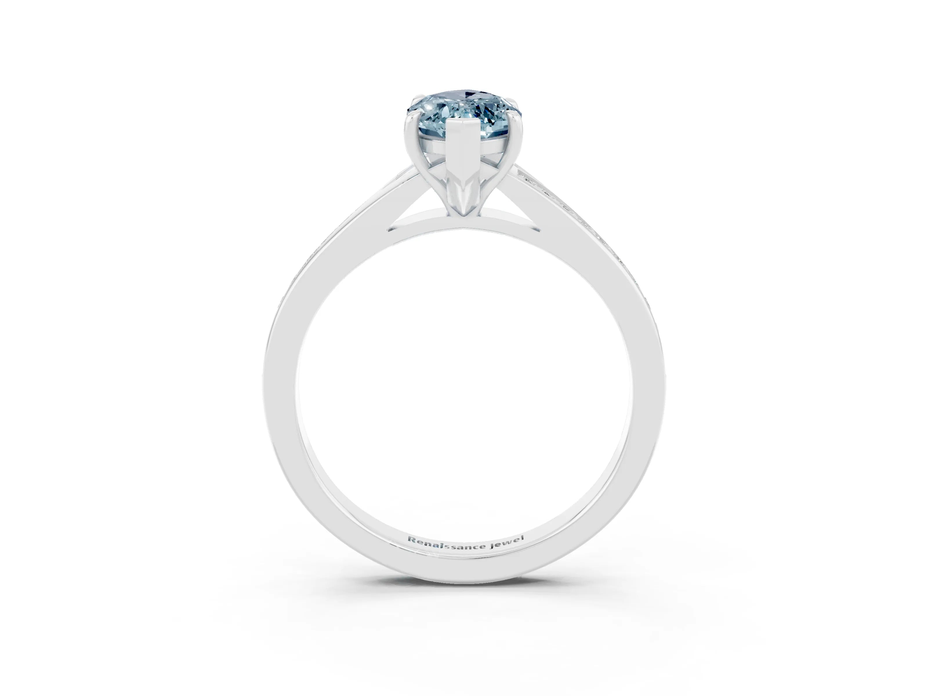 White gold Marquise Cut Aquamarine Solitaire Ring with Pavé Band and Prong Setting_3
