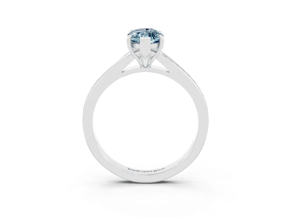 Silver Marquise Cut Aquamarine Solitaire Ring with Pavé Band and Prong Setting