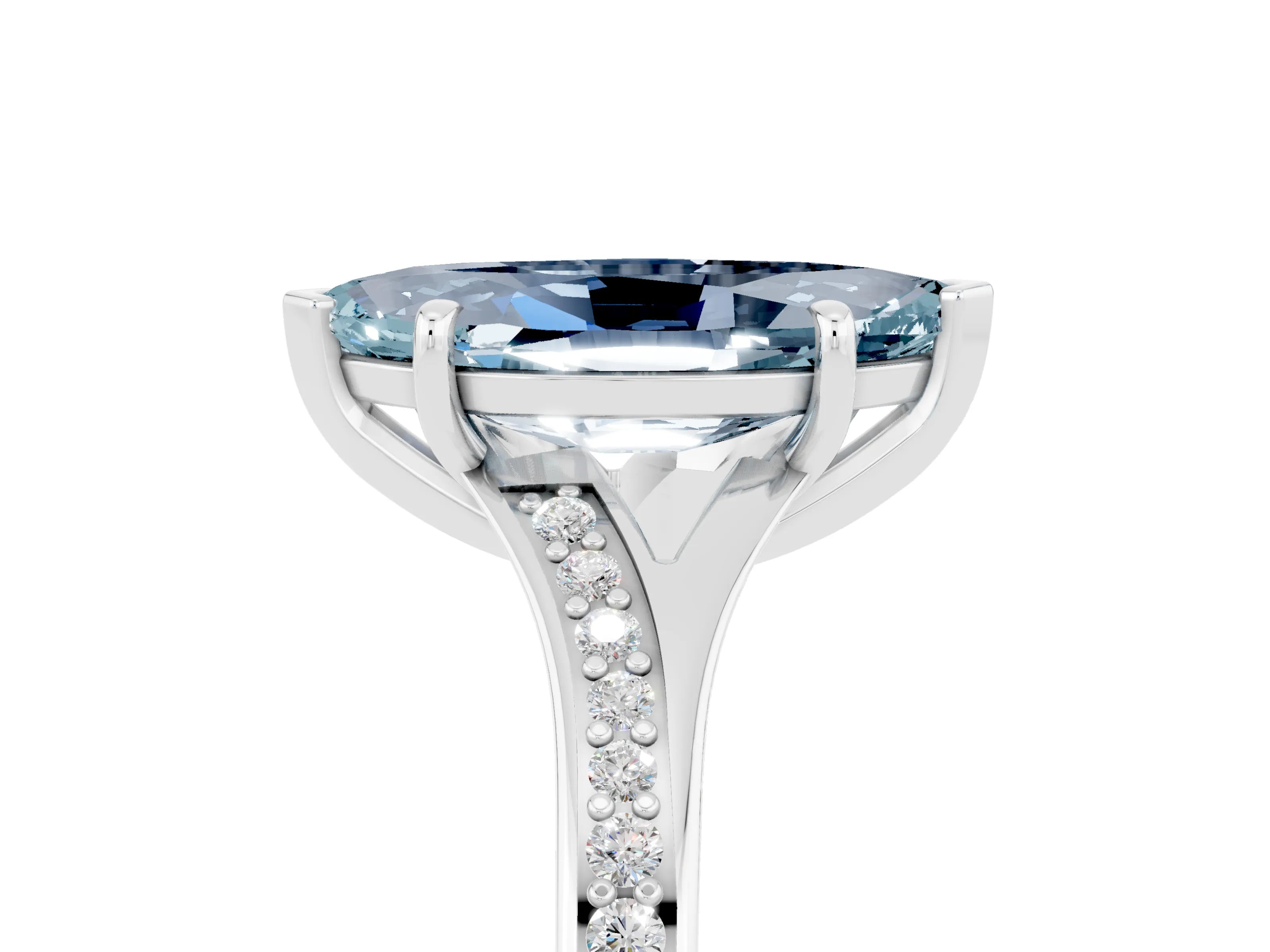 White gold Marquise Cut Aquamarine Solitaire Ring with Pavé Band and Prong Setting_5