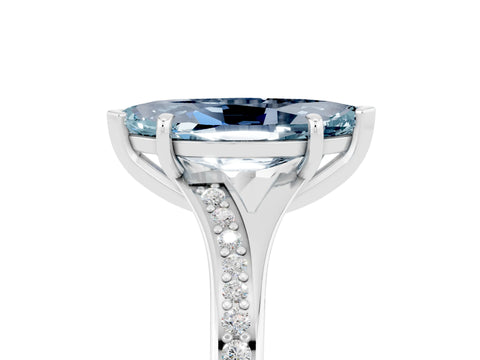 White gold Marquise Cut Aquamarine Solitaire Ring with Pavé Band and Prong Setting_5